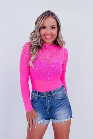 Regal Rhinestone Mesh Bodysuit - Pink