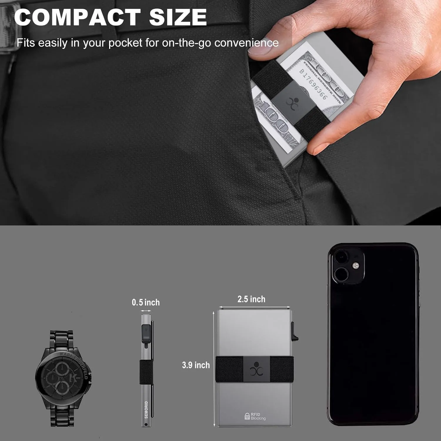 Slim Pop Up Aluminum Card Holder for Men, Durable Expandable Backplate, Grey