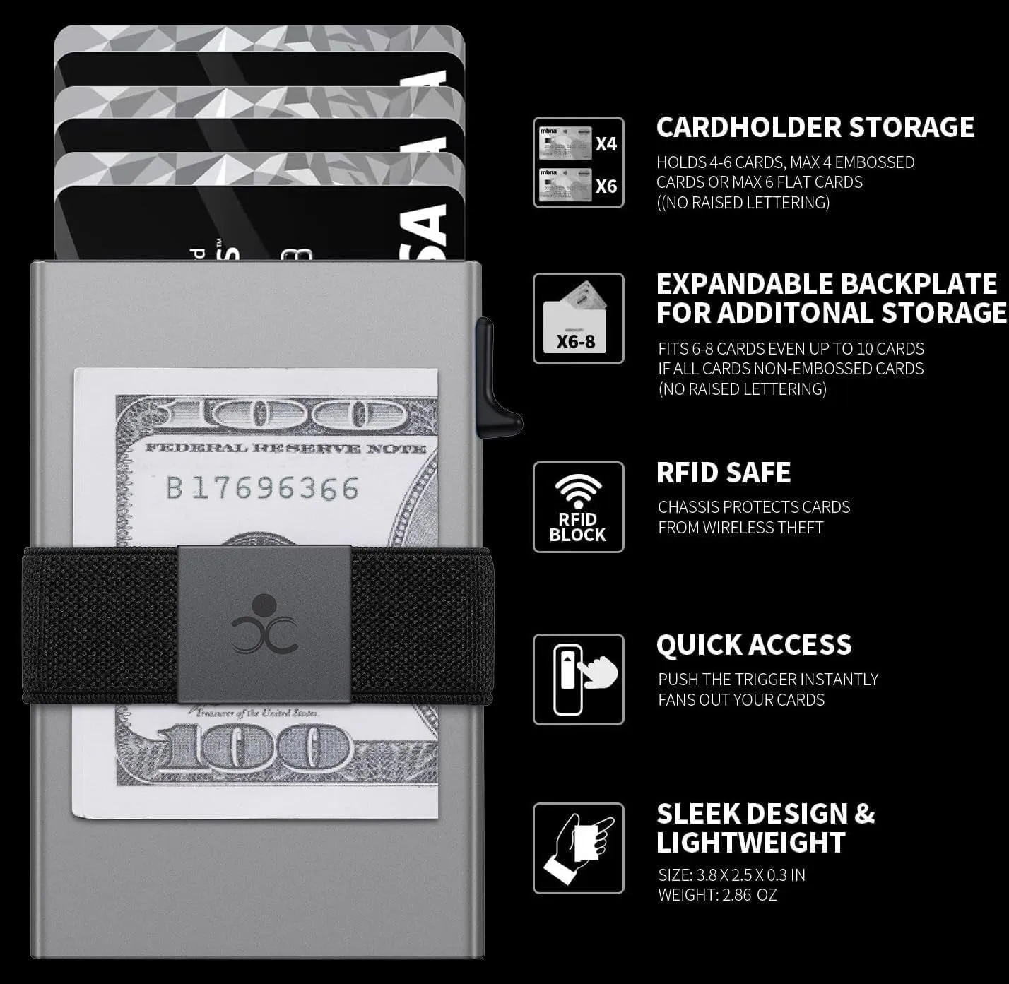 Slim Pop Up Aluminum Card Holder for Men, Durable Expandable Backplate, Grey