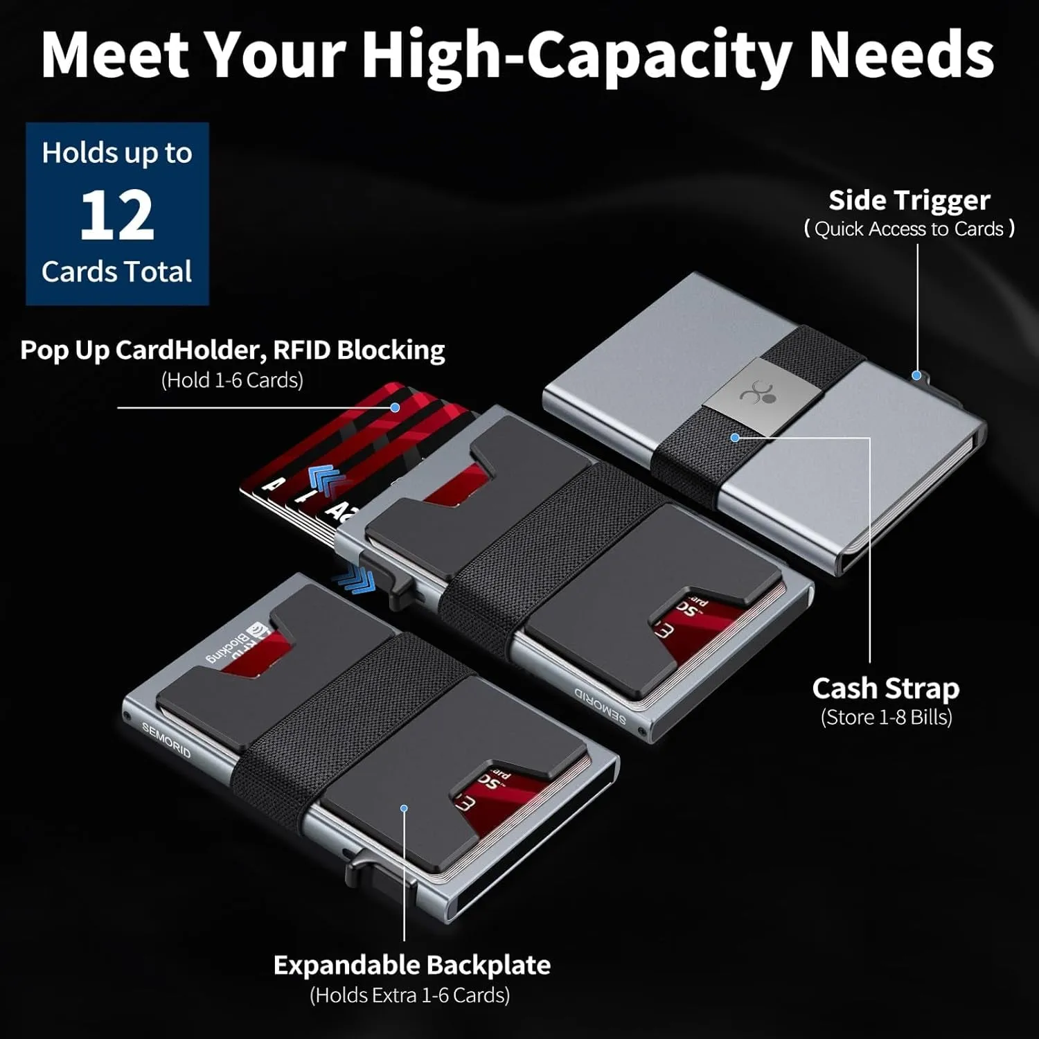Slim Pop Up Aluminum Card Holder for Men, Durable Expandable Backplate, Grey