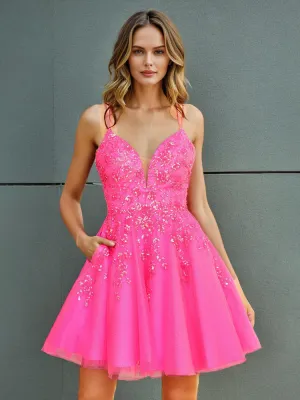 Sparkly A Line Spaghetti Straps Appliques Tulle Homecoming Dresses