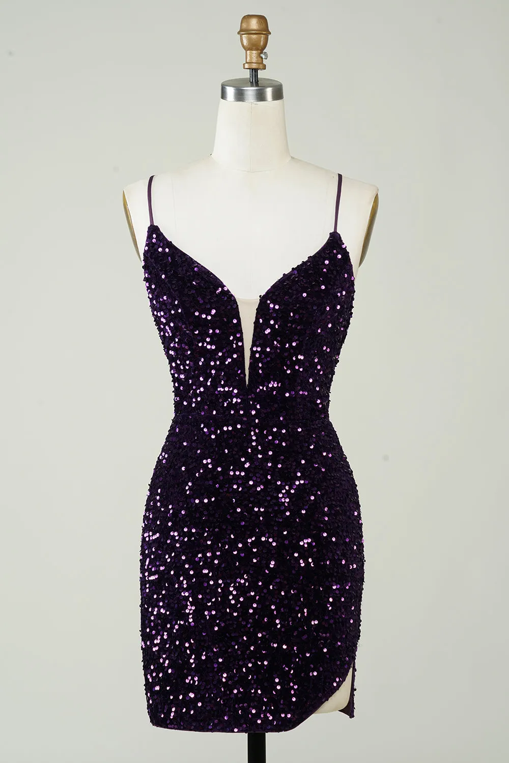 Sparkly Purple Sheath Backless Sequins Tight Short Homecoming Dress with Slit