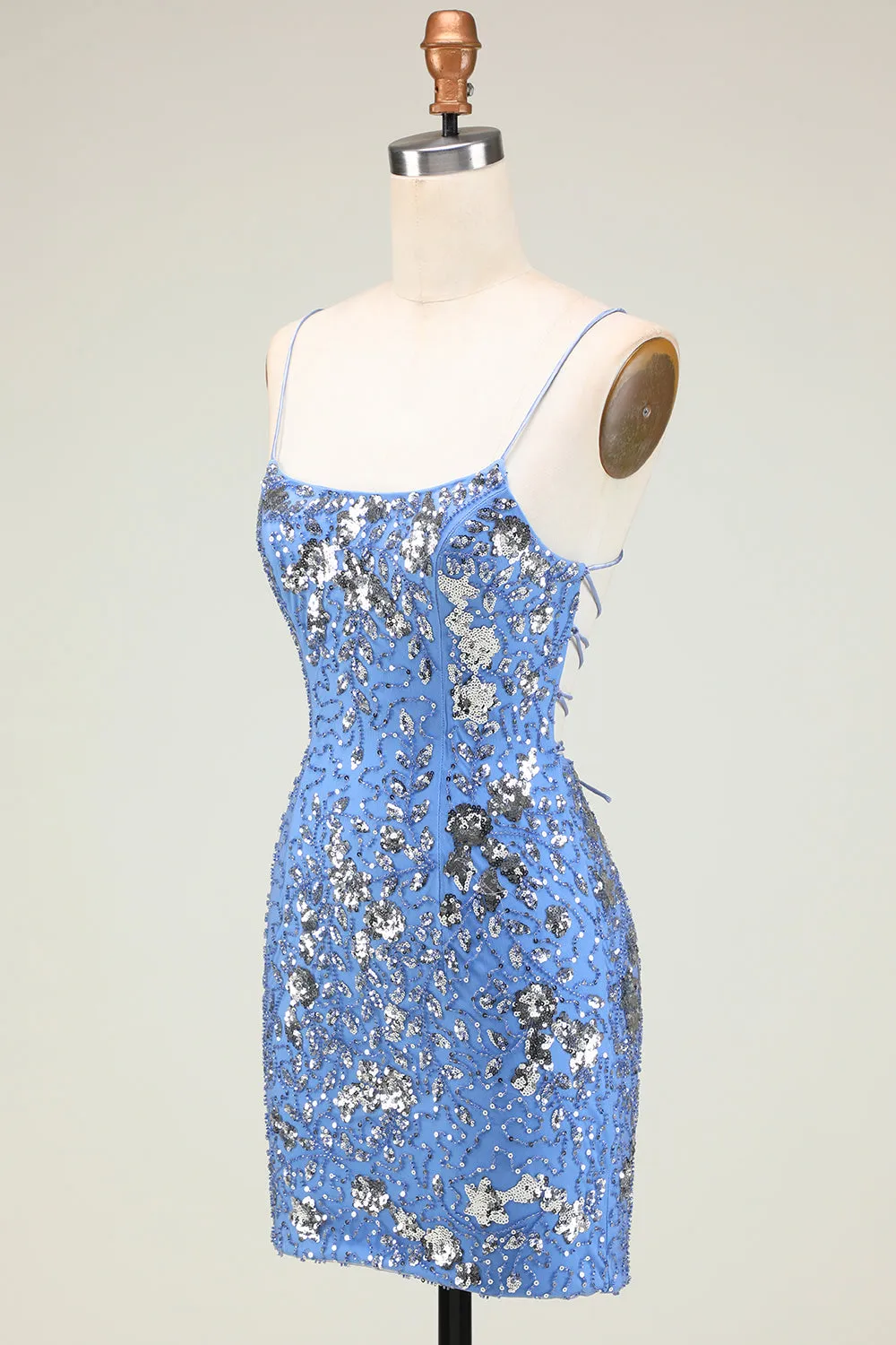 Sparkly Sheath Grey Blue Sequins Short Homecoming Dress with Criss Cross Back