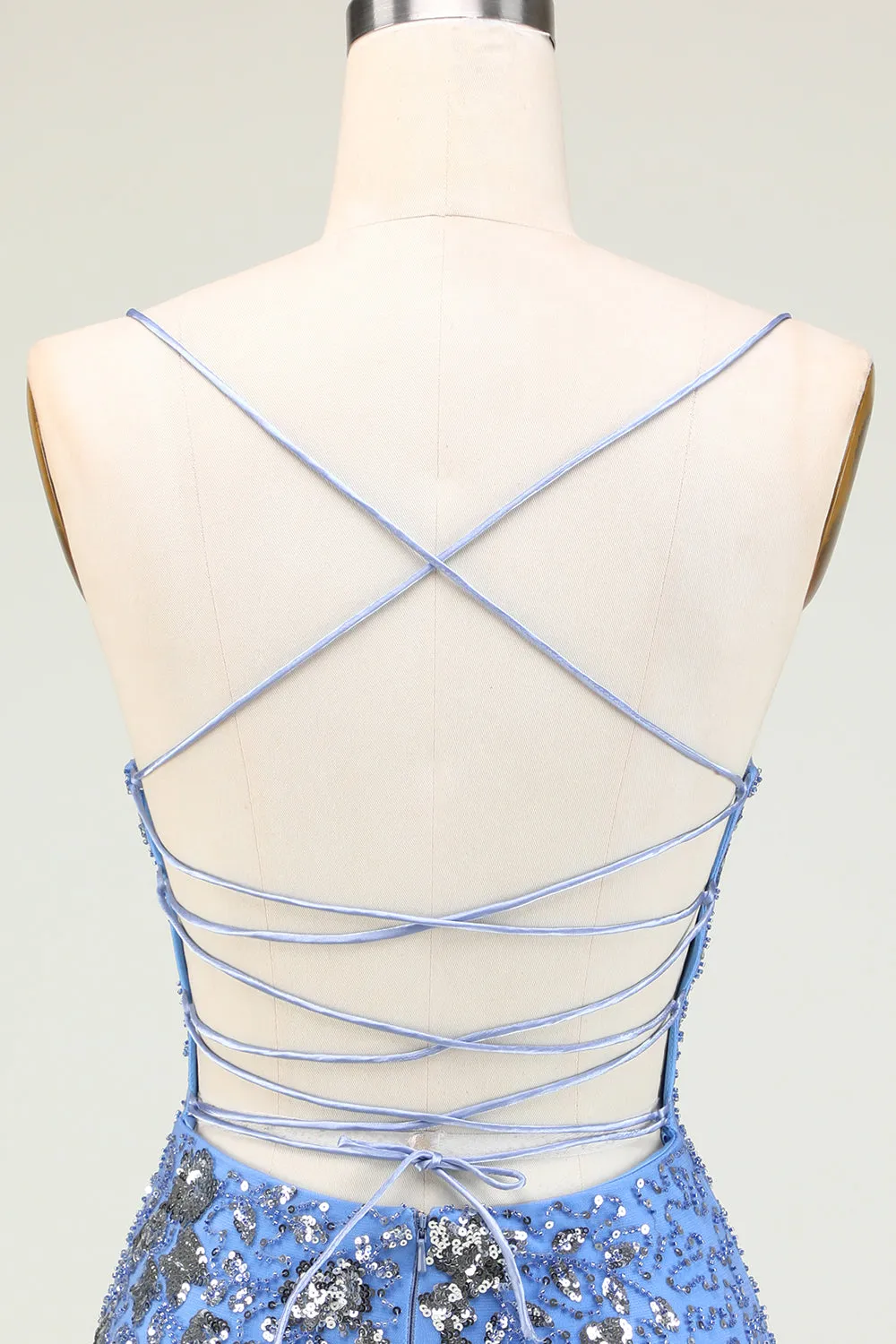 Sparkly Sheath Grey Blue Sequins Short Homecoming Dress with Criss Cross Back