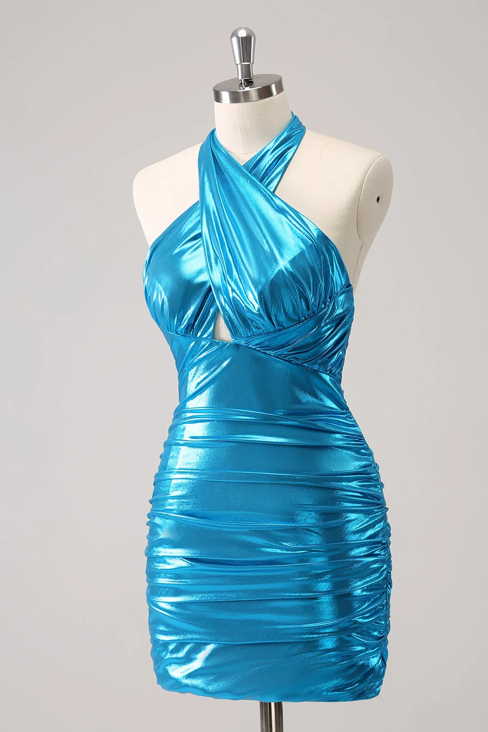 Sparkly Stylish Blue Bodycon Halter Pleated Corset Short Homecoming Dress