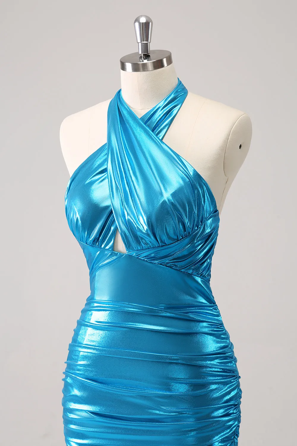 Sparkly Stylish Blue Bodycon Halter Pleated Corset Short Homecoming Dress