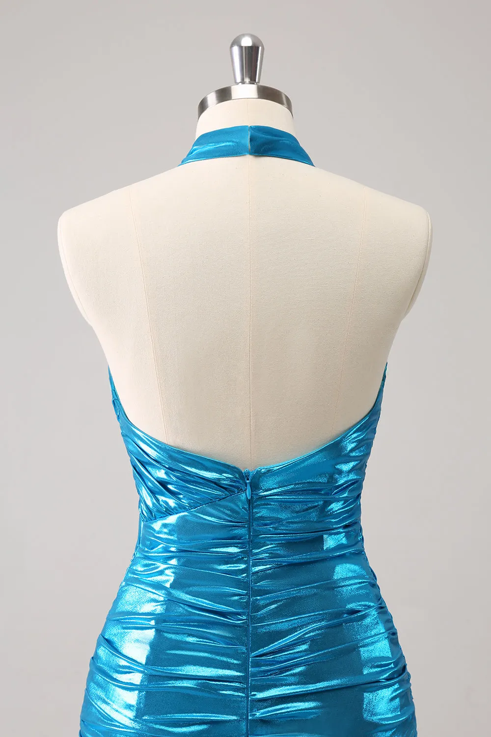 Sparkly Stylish Blue Bodycon Halter Pleated Corset Short Homecoming Dress