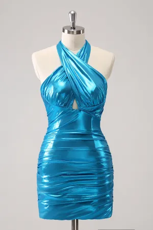 Sparkly Stylish Blue Bodycon Halter Pleated Corset Short Homecoming Dress