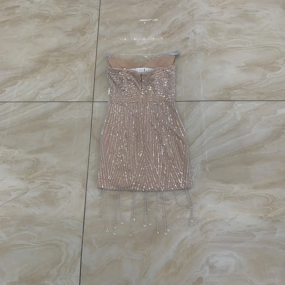 Strapless Sleeveless Sequins Mini Bodycon Dress HT968