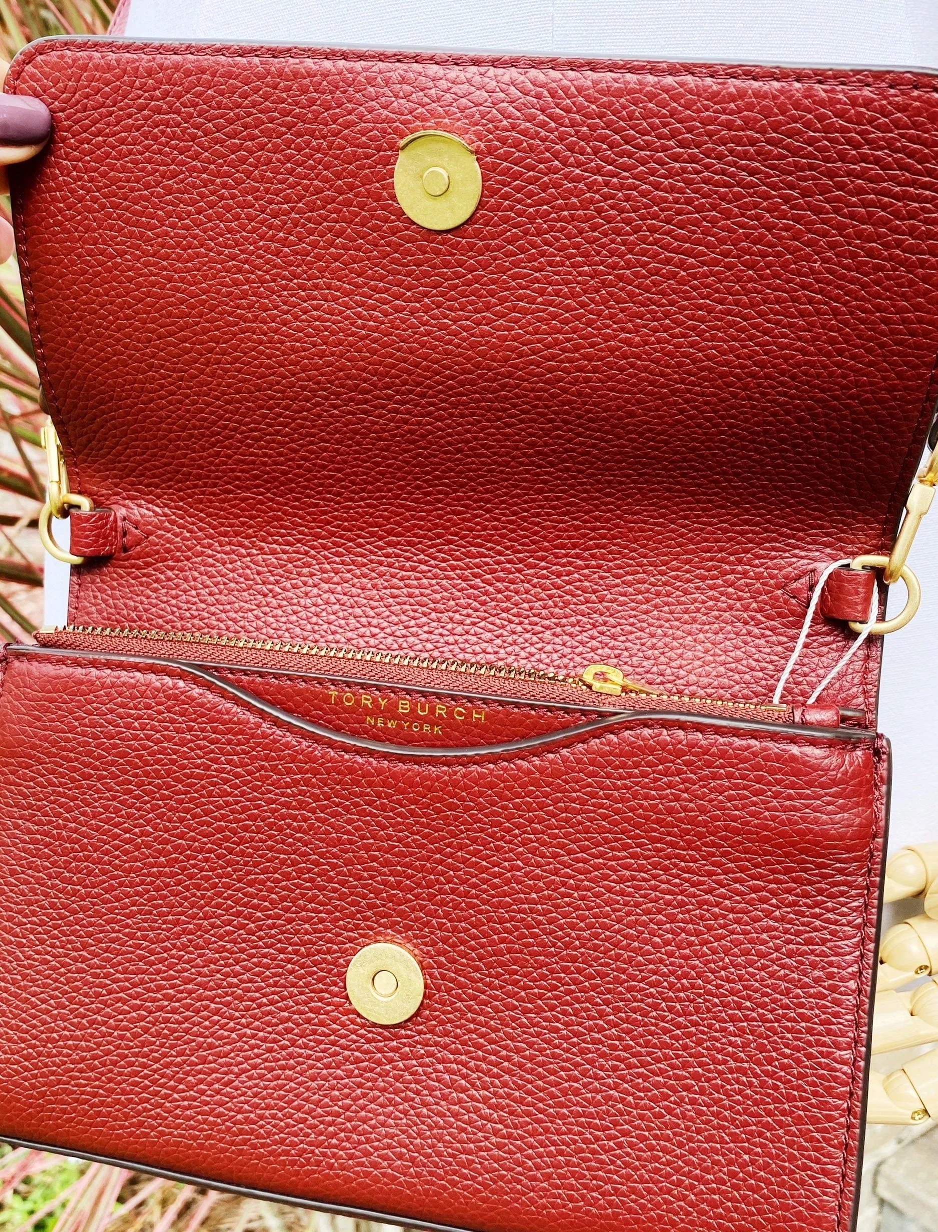Tory Burch Britten Embellished Combo Crossbody Pebbled Leather Blood Red Floral