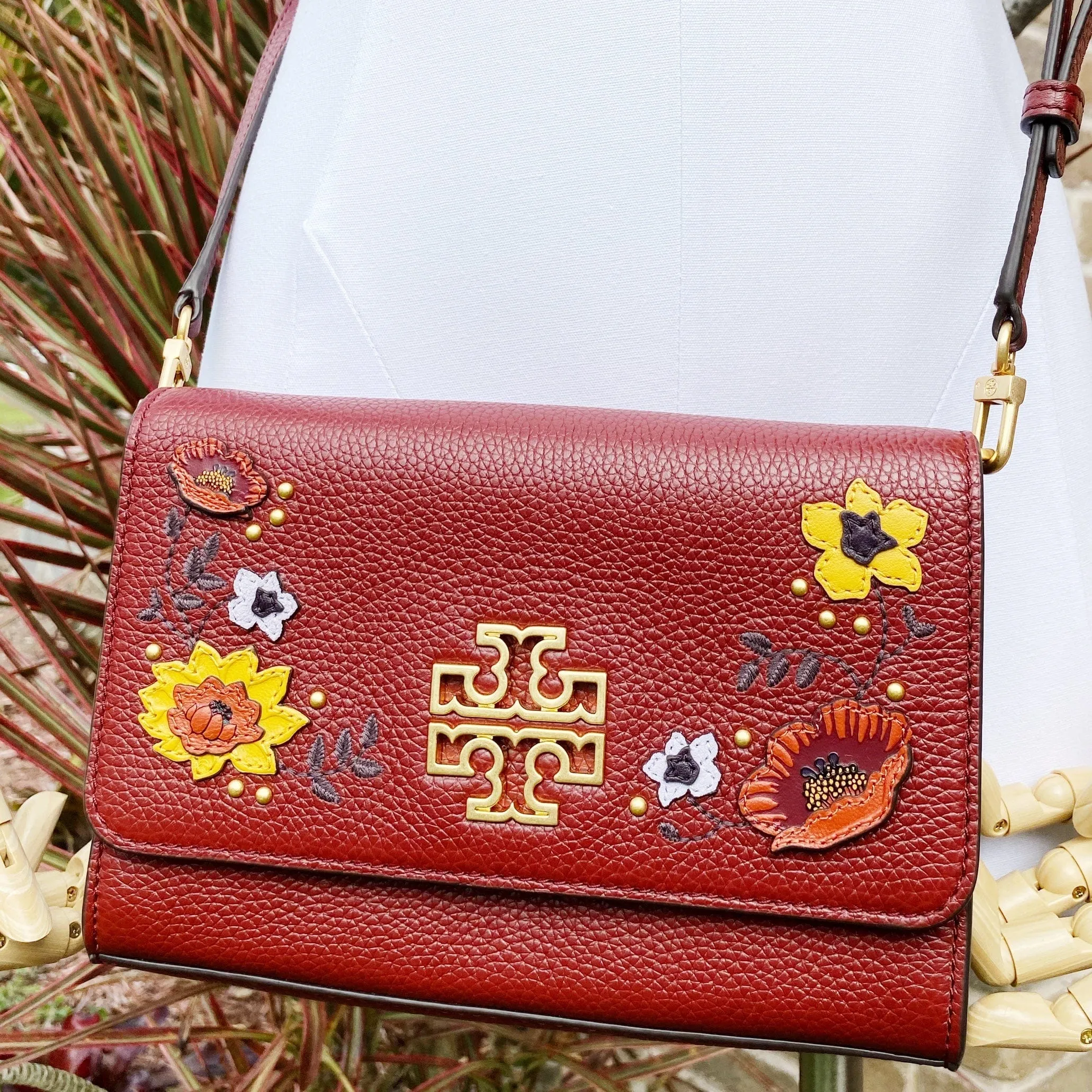 Tory Burch Britten Embellished Combo Crossbody Pebbled Leather Blood Red Floral