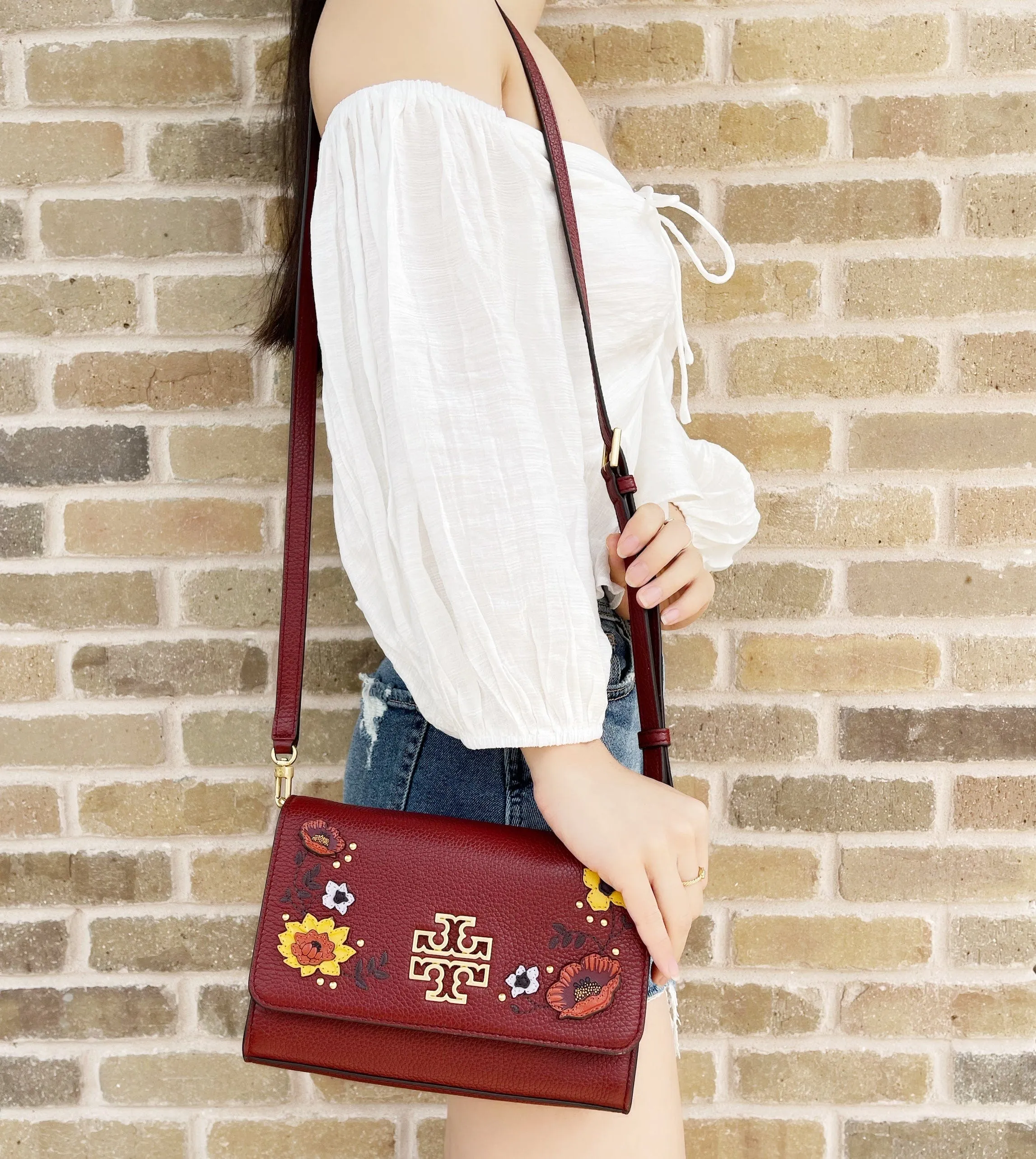 Tory Burch Britten Embellished Combo Crossbody Pebbled Leather Blood Red Floral