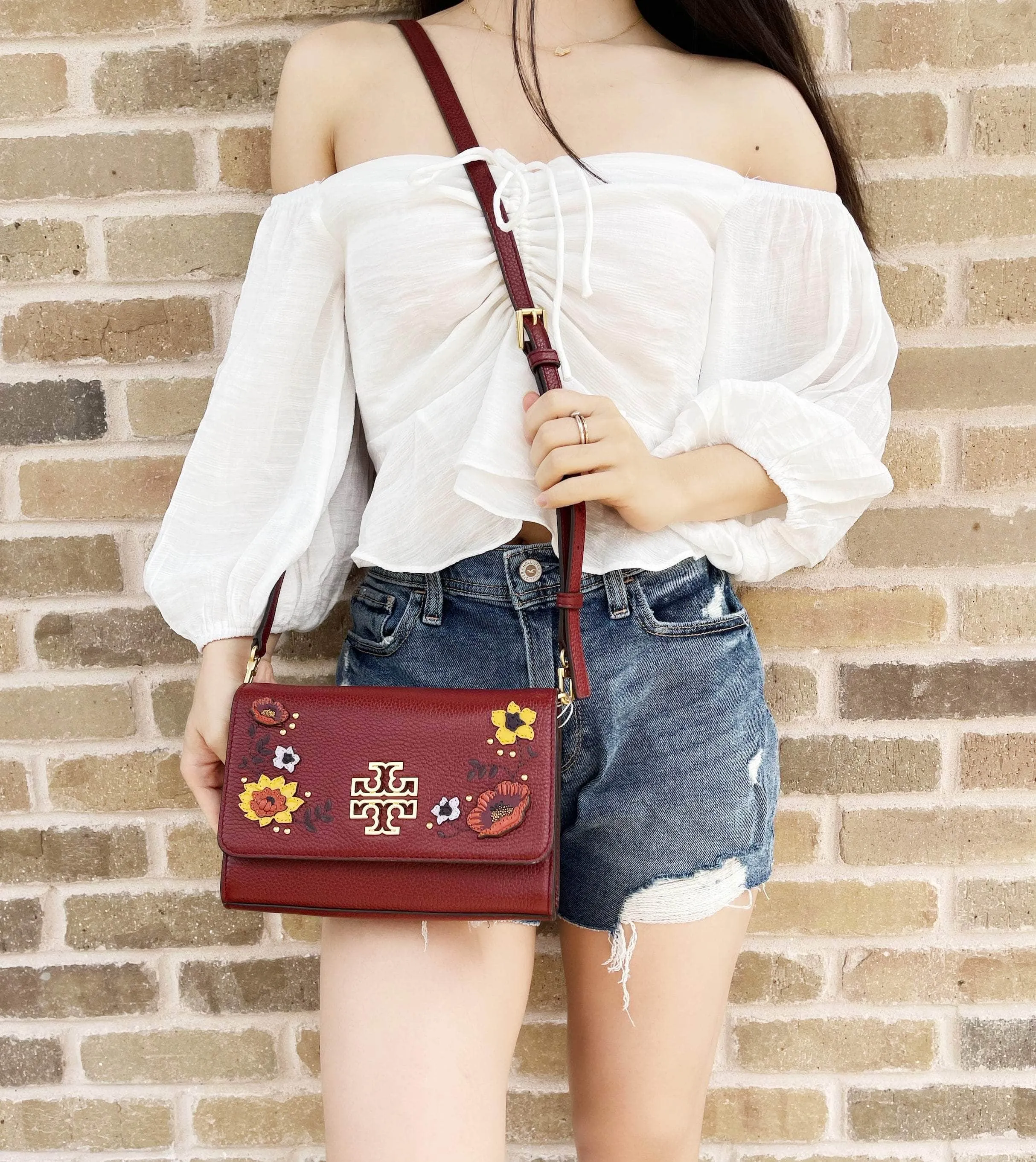 Tory Burch Britten Embellished Combo Crossbody Pebbled Leather Blood Red Floral
