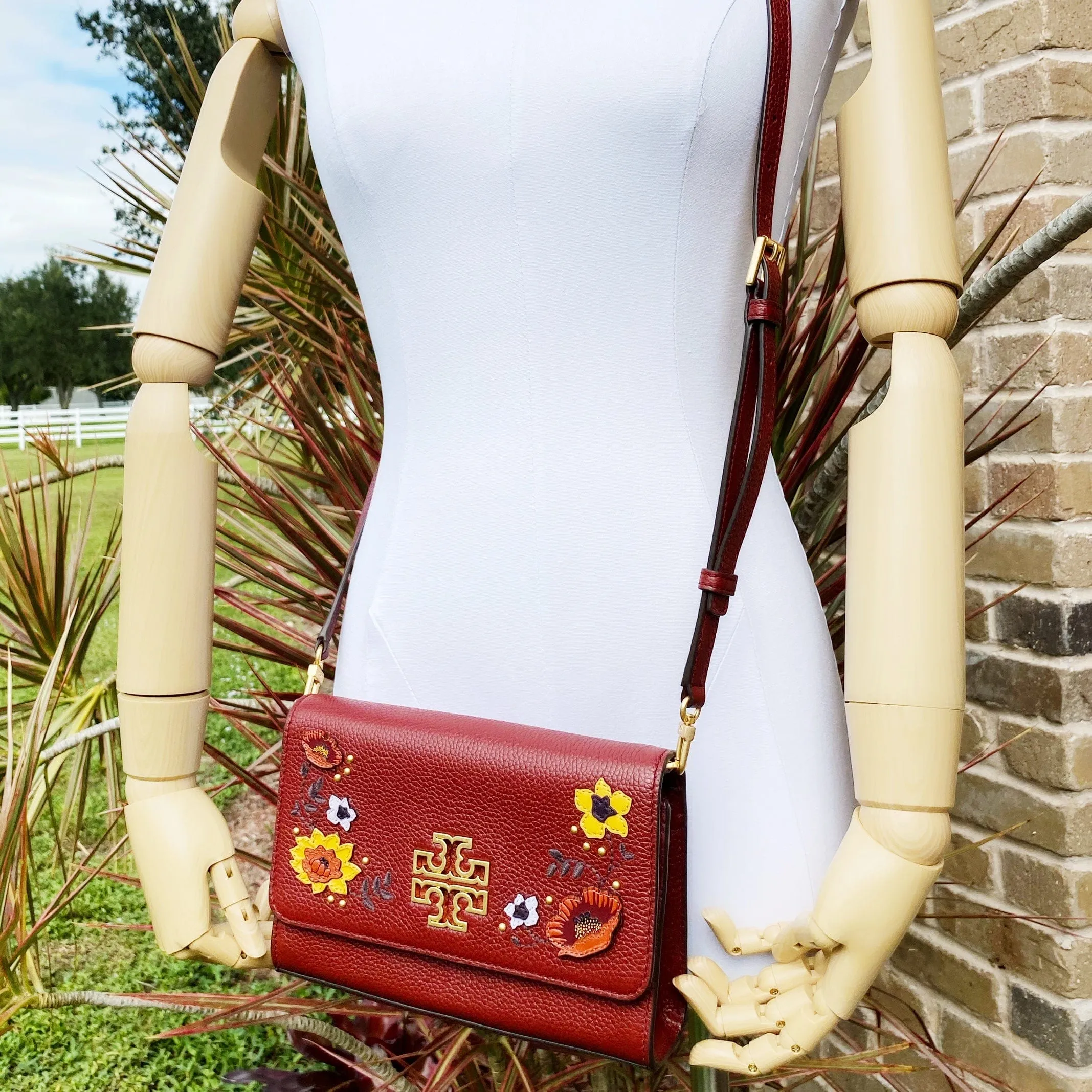 Tory Burch Britten Embellished Combo Crossbody Pebbled Leather Blood Red Floral