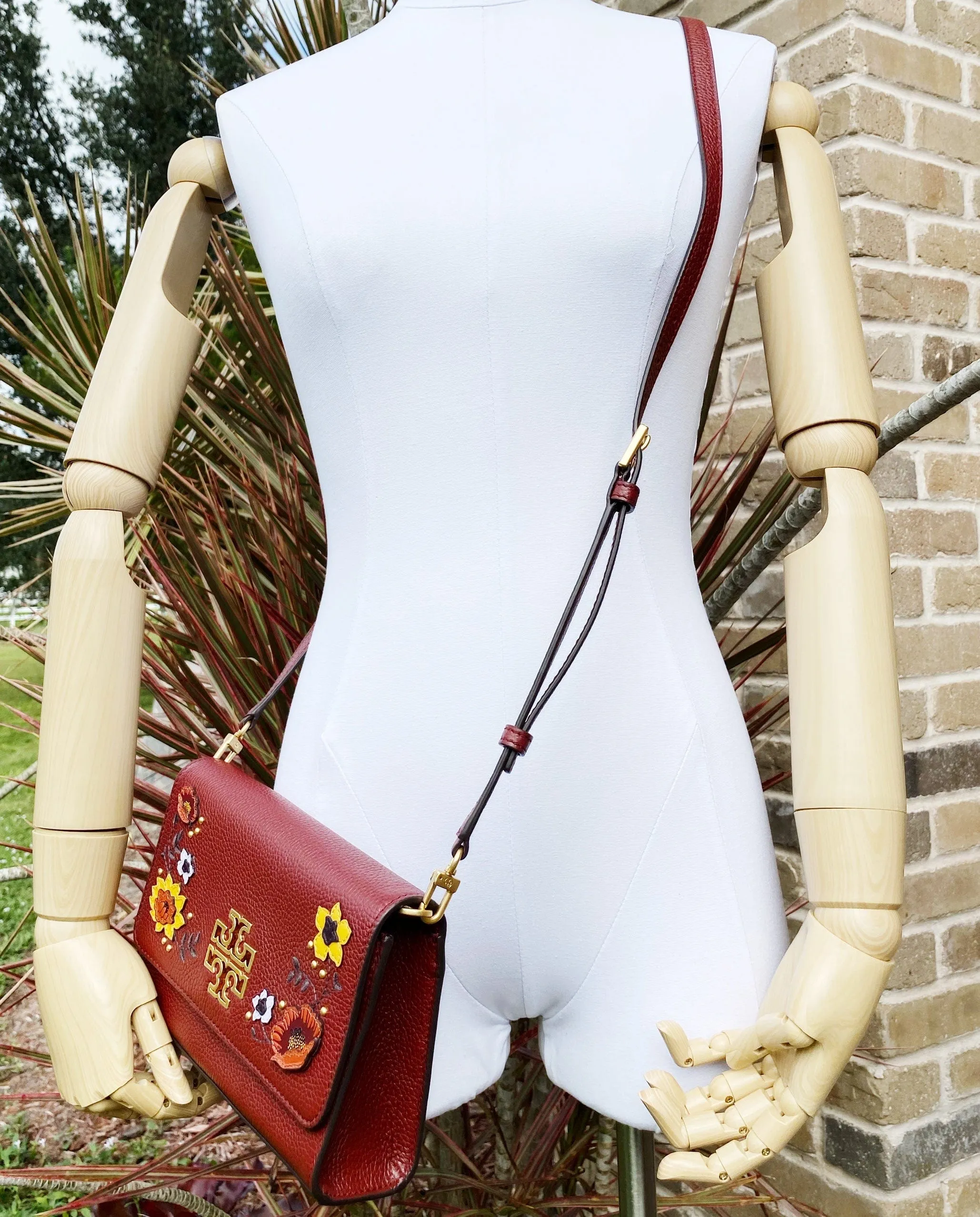 Tory Burch Britten Embellished Combo Crossbody Pebbled Leather Blood Red Floral