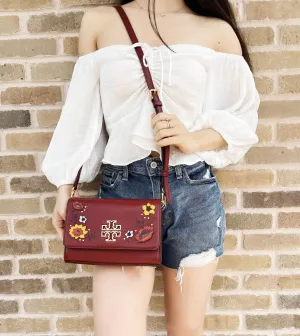 Tory Burch Britten Embellished Combo Crossbody Pebbled Leather Blood Red Floral