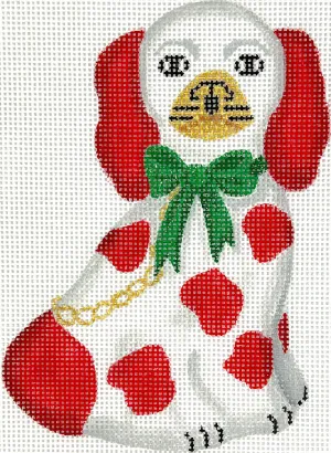 XM-160 Mini Staffordshire Dog – White & Red w/ Gold Chain & Sparkly Green Bow (facing right)