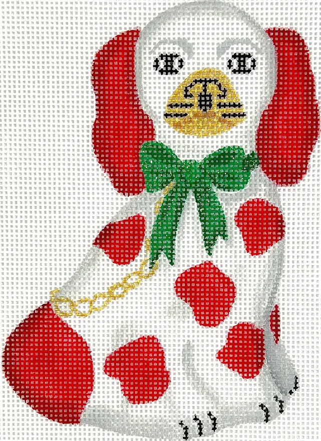 XM-160 Mini Staffordshire Dog – White & Red w/ Gold Chain & Sparkly Green Bow (facing right)