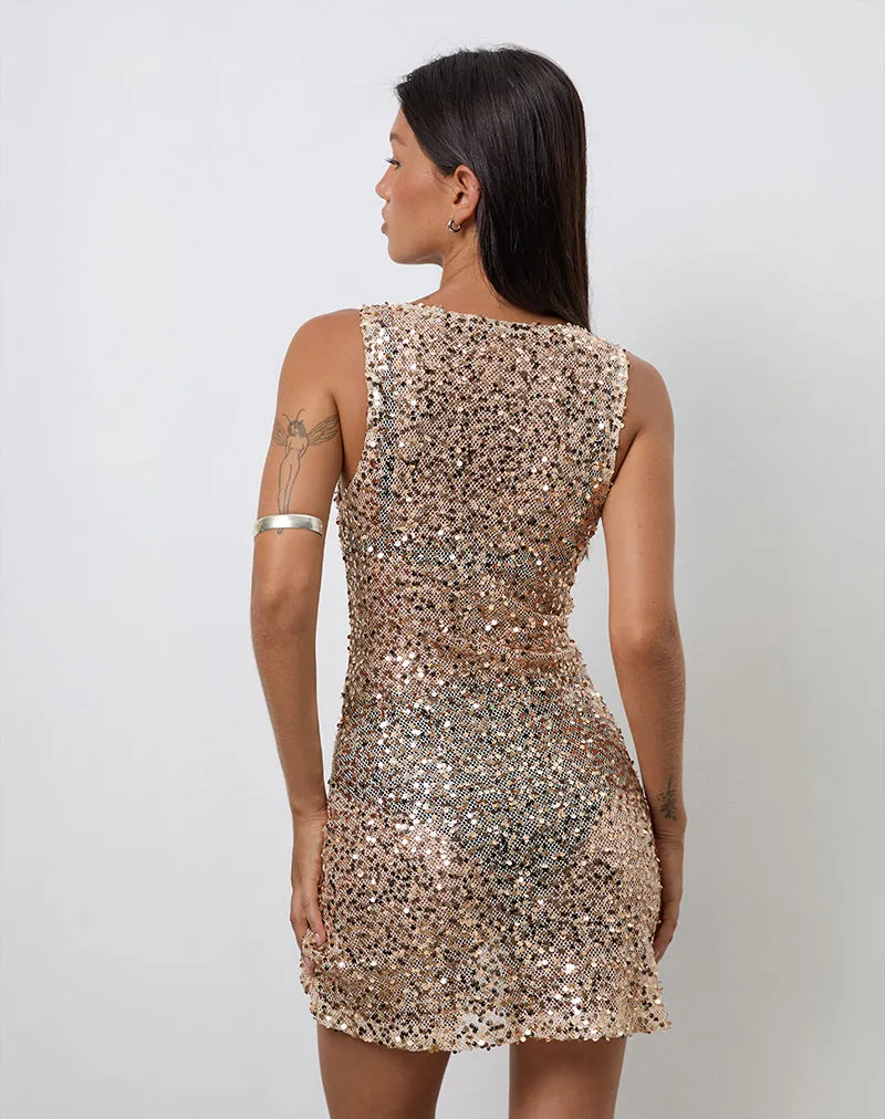 Zeyana Unlined Mini Dress in Sequin Gold