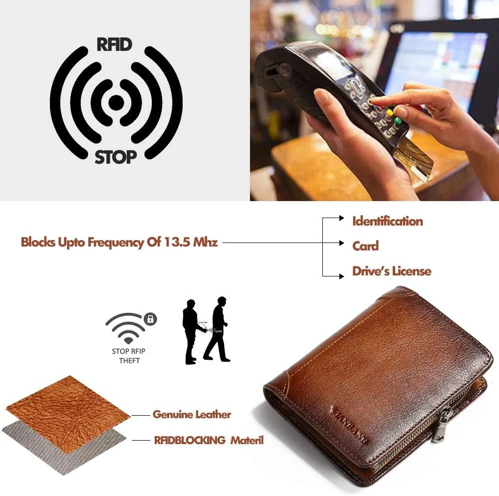 Zipper Cowhide RFID blocking Bifold Wallets for Men