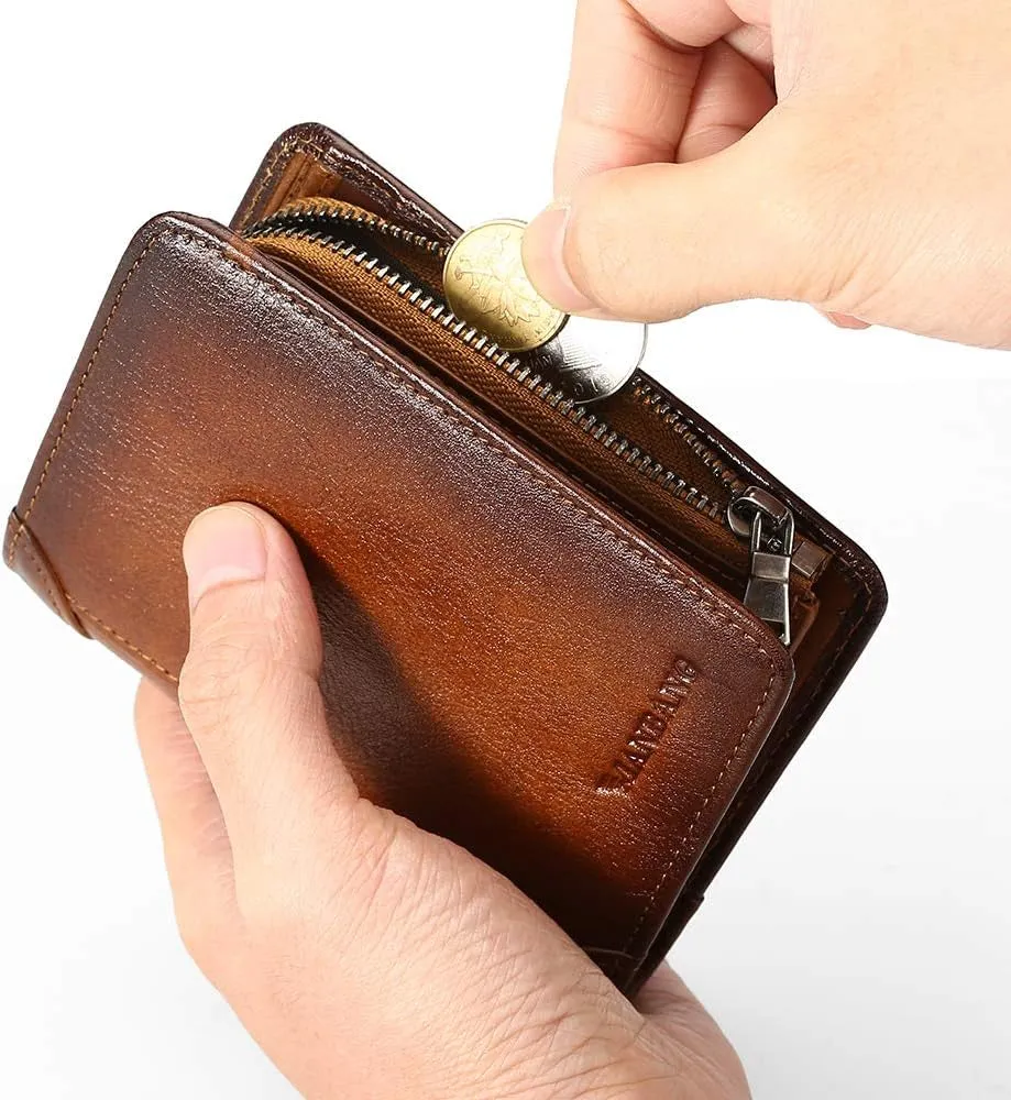 Zipper Cowhide RFID blocking Bifold Wallets for Men