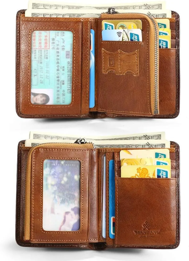 Zipper Cowhide RFID blocking Bifold Wallets for Men