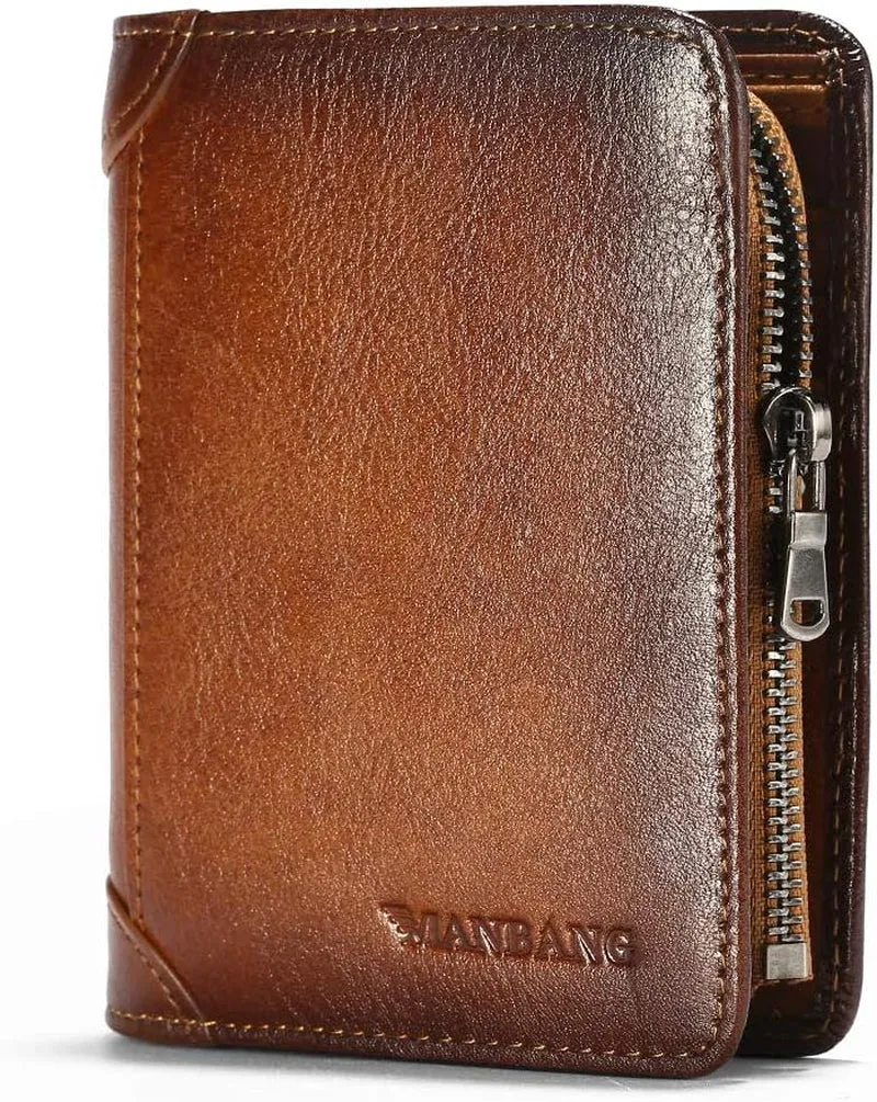 Zipper Cowhide RFID blocking Bifold Wallets for Men