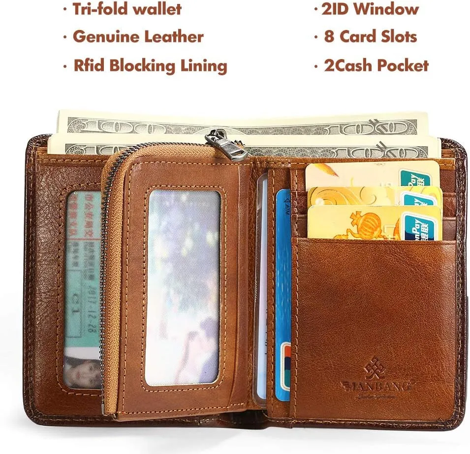 Zipper Cowhide RFID blocking Bifold Wallets for Men