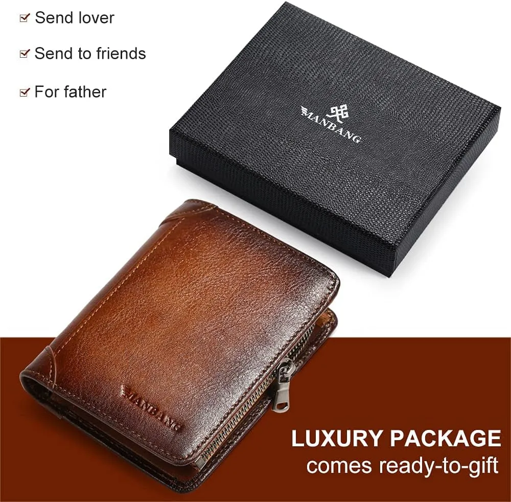 Zipper Cowhide RFID blocking Bifold Wallets for Men
